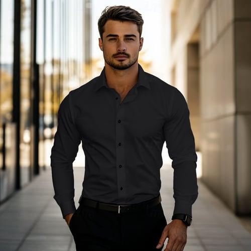 Men's Daily Dress Casual Shirt Standard Fit Long Sleeve Lapel Solid Color Polyester Black White Grey 2025