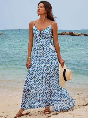Women's Cami Dress Geometric Tie Front Fringe V Neck Maxi Dress Hawaiian Vacation Sleeveless Summer Beach