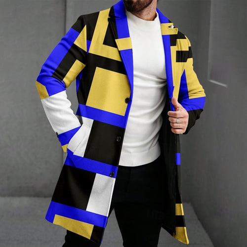Men's Geometric Winter Coat Fleece Jacket Overcoat Thermal Comfortable Casual Party Evening Wear Daily Wear Buttons 3D Print Front Pocket Winter Turndown Long Sleeve Red Blue Green