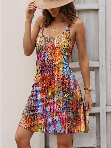 Women's Tank Dress Ombre Print U Neck Mini Dress Sleeveless Summer