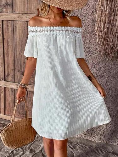 Women's White Dress Lace Dress Mini Dress Lace Basic Casual Daily Off Shoulder Short Sleeve Summer Spring White Plain
