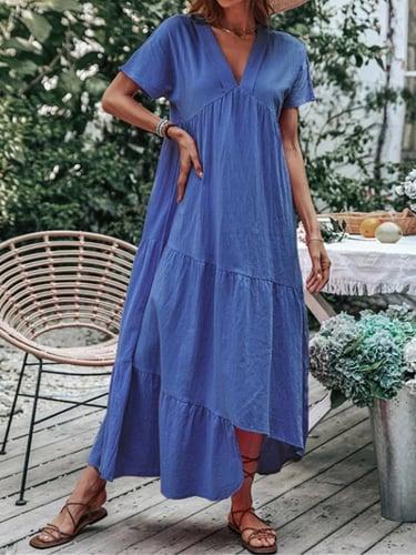 Women's Casual Dress Cotton Linen Dress Maxi Dress Ruffle Basic Daily V Neck Short Sleeve Summer Spring Blue Sky Blue Plain