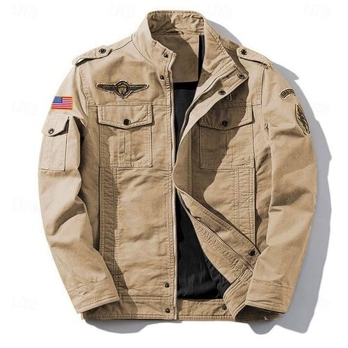 Men's Cotton Embroidered Military Jacket Cargo Jacket with Shoulder Straps Long Sleeve Standing Collar Multi-Pockets Coat Trucker Jacket US Flag Print Tactical Outerwear
