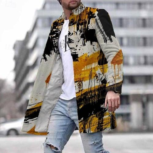 Men's Oil Painting Winter Coat Overcoat Coat With Pockets Casual Daily Wear Vacation Going out Print Front Pocket Fall & Winter Turndown Long Sleeve khaki