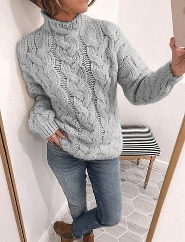 Women's Pullover Sweater Knitted Solid Color Basic Casual Chunky Cable Knit Long Sleeve Sweater Turtleneck Fall Winter Yellow Blushing Pink Gray