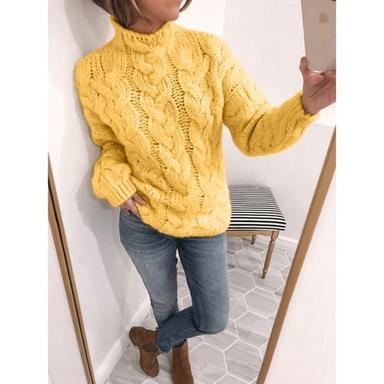 Women's Pullover Sweater Knitted Solid Color Basic Casual Chunky Cable Knit Long Sleeve Sweater Turtleneck Fall Winter Yellow Blushing Pink Gray