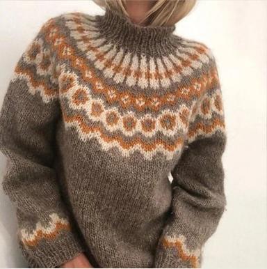 Women's Sweater Pullover Jumper Knitted Print Geometric Stylish Basic Casual Long Sleeve Regular Fit Sweate Turtleneck Fall Winter Blue Gray Khaki / Holiday