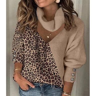 Women's Pullover Sweater Jumper Stylish Casual Leopard Color Block Maillard Ribbed Turtleneck V Neck Buttons Thin Hole Drop Shoulder Long Sleeve Knit Daily Going out White Khaki Fall Winter