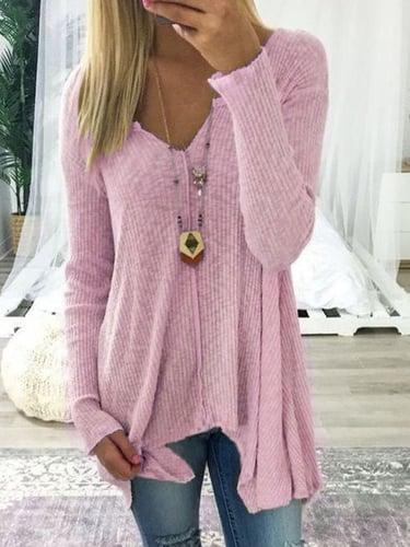 Women's Pullover Sweater Knitted Solid Color Basic Casual Long Sleeve Sweater Cardigans V Neck Fall Winter Spring Blue Blushing Pink Gray
