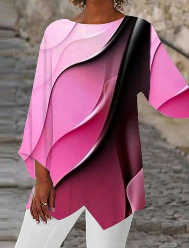 Women's Tunic Blouse Chiffon Stylish Neon & Bright Ombre Print Asymmetric Hem Long Sleeve Long Tops Round Neck Casual Daily Pink Purple Orange Green Gray Spring Fall