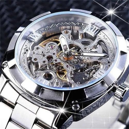 FORSINING Men Mechanical Watch Luxury Large Dial Fashion Business Hollow Skeleton Automatic Self-winding Luminous Waterproof Stainless Steel Watch