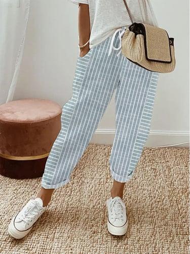 Women's Linen Pants Baggy Pants Faux Linen Pocket Baggy Print Striped Lines / Waves Full Length White Spring, Fall, Winter, Summer