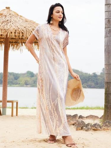 Women's Casual Dress Ombre Marble Split Print V Neck Maxi Dress Boho Vacation Short Sleeve Summer
