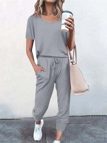 Women's Loungewear Sets Pure Color Fashion Casual Comfort Street Daily Date Breathable Crew Neck Short Sleeve T shirt Tee Pant Pocket Elastic Waist Summer Fall Home Outfits