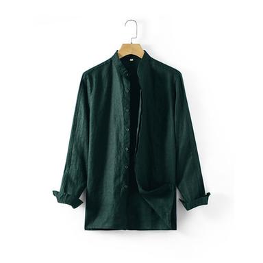 100% Linen Men's Shirt Linen Shirt Button Up Shirt Yellow Navy Blue Green Long Sleeve Plain Stand Collar Spring &  Fall Outdoor Daily Clothing Apparel