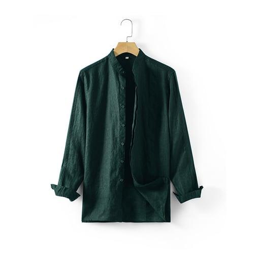 100% Linen Men's Shirt Linen Shirt Button Up Shirt Yellow Navy Blue Green Long Sleeve Plain Stand Collar Spring &  Fall Outdoor Daily Clothing Apparel