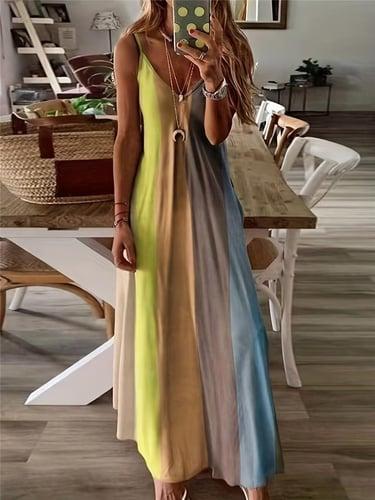 Women's Maxi Dress Sleeveless Gradient Pastel Rainbow Scoop Neck Flowy Bohemian Style Casual Summer Beachwear Regular to Plus Size
