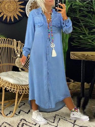 Women's Denim Dress Mini Dress Buttons Pocket Casual Shirt Collar Long Sleeve Black Blue Dark Blue Color