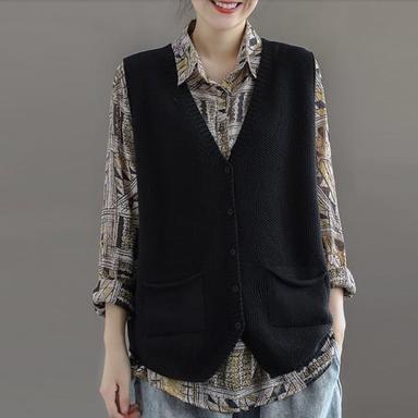 Women's Sweater Vest Basic Casual Solid Color V Neck Pocket Knitted Sleeveless Long Tops Knit Daily Black Brown Spring Fall