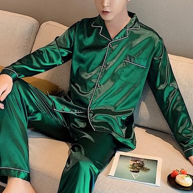 Men's Pajamas Satin & Silk Nightgown Sleepwear Pure Color Fashion Soft Home Bed Faux Silk Lapel Long Sleeve Pant Fall Spring Silver Green
