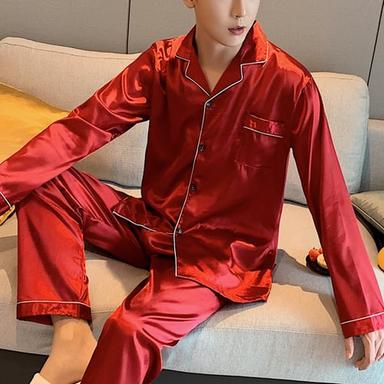 Men's Pajamas Satin & Silk Nightgown Sleepwear Pure Color Fashion Soft Home Bed Faux Silk Lapel Long Sleeve Pant Fall Spring Silver Green