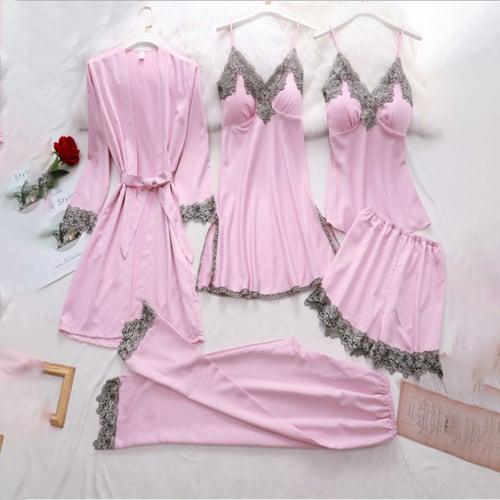 Women's Pajamas Robes Gown Nightgown Pjs 5 Pieces Pure Color Fashion Simple Retro Party Home Bed Satin Silk V Wire Long Sleeve Strap Top Pant Elastic Waist Belt Included Spring Fall Home Outfits