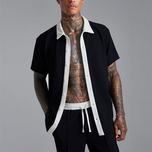 Men's 2 Piece Shirt Set Summer Set Matching Sets Casual Shirt Corduroy Shirt Black White Short Sleeve Color Block Collar Vacation Daily Clothing Apparel Fashion Casual Comfortable