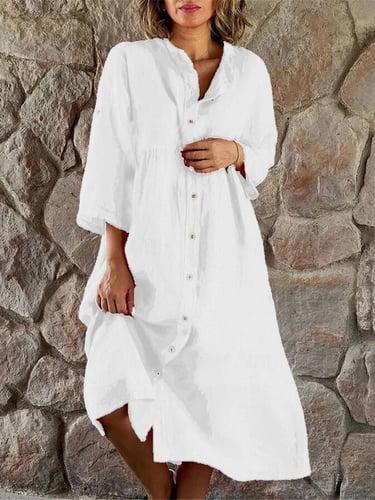 Women's Casual Midi Dress Black Solid Color Button-Down V-Neck Three-Quarter Sleeve Cinched Waist Pleated Lightweight Breathable Spring Summer Versatile Work Social Daily Wear Full Size Range