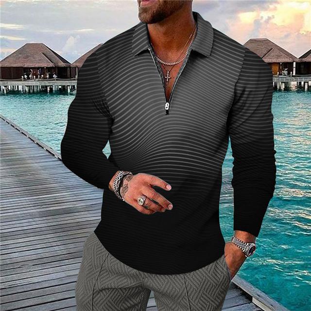 Men's Polo Shirt Golf Shirt Striped Turndown Black Yellow Blue Purple Green 3D Print Outdoor Street Long Sleeve Zipper Print Clothing Apparel Fashion Designer Casual Breathable