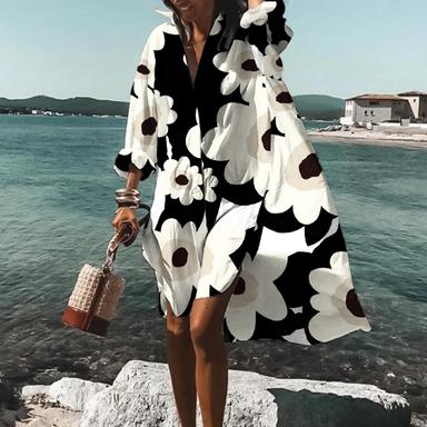 Women's Shirt Dress Casual Dress A Line Dress Floral Leaf Print Shirt Collar Midi Dress Stylish Casual Daily Vacation Long Sleeve Summer Spring