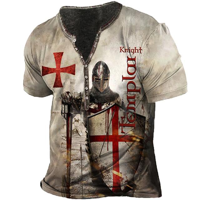 Men's T shirt Tee Henley Shirt Tee Designer Basic Casual Shirt Graphic Templar Cross Knights Templar Cross Short Sleeve Shirt Blue Purple Brown Outdoor Daily Sports Henley Summer Clothing Apparel 3D