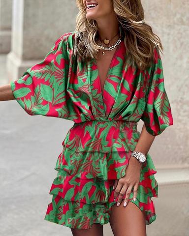 Women's Casual Dress Floral Ruched Patchwork V Neck Batwing Sleeve Mini Dress Elegant Sexy Halloween Half Sleeve Summer Spring