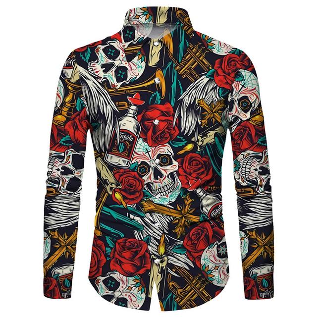 Men's Shirt Graphic Shirt Rose Skull Turndown Red 3D Print Outdoor Halloween Long Sleeve Print Button-Down Clothing Apparel Fashion Designer Casual Breathable