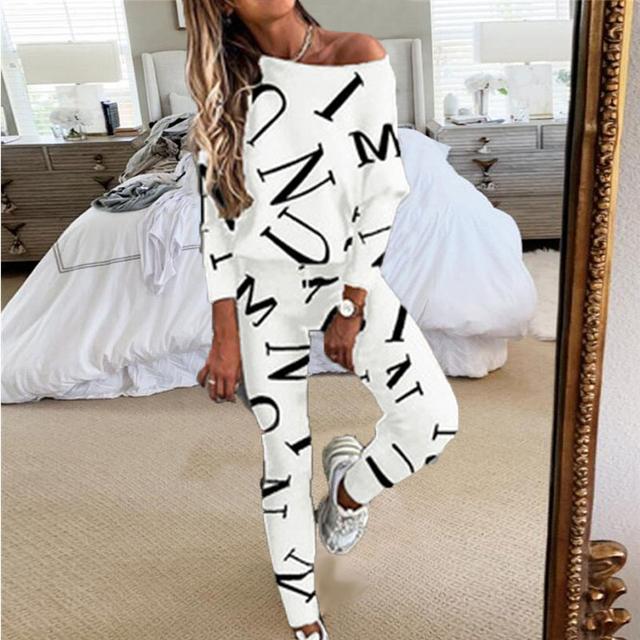 Women's Loungewear Sweatsuit Sets 2 Pieces Letter Sport Comfort Home Street Vacation Polyester Off Shoulder Long Sleeve Pullover Pant Spring Fall Black White