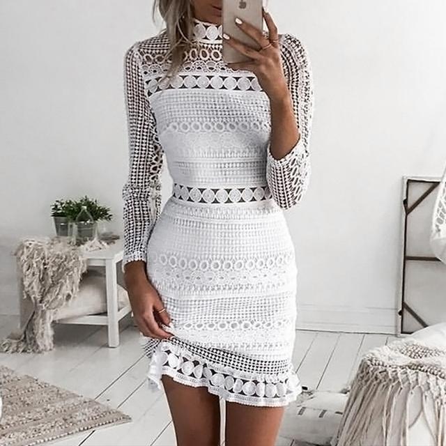 Women's Wedding Guest Dress Homecoming Dress Lace Dress Party Dress Sheath Dress Mini Dress White Long Sleeve Pure Color Lace Winter Fall High Neck Fashion Winter Dress