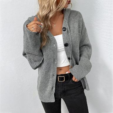 Women's Cardigan Sweater Hooded Soft Knit Button Up Knitted Hooded Fall Winter Daily Holiday Date Stylish Casual Soft Long Sleeve Solid Color Black White