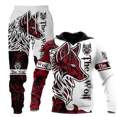 Men's Tracksuit Hoodies Set Red Hooded Graphic Animal Wolf 2 Piece Print Sports & Outdoor Casual Sports 3D Print Streetwear Designer Basic Spring Fall Clothing Apparel Hoodies Sweatshirts  Long Sleeve