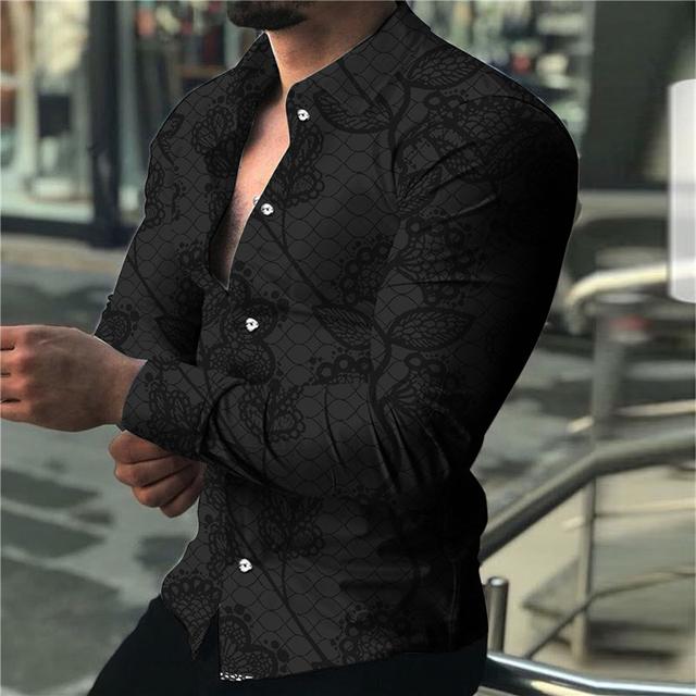 Men's Shirt Floral Turndown Black 3D Print Outdoor Street Long Sleeve Print Button-Down Clothing Apparel Fashion Designer Casual Breathable