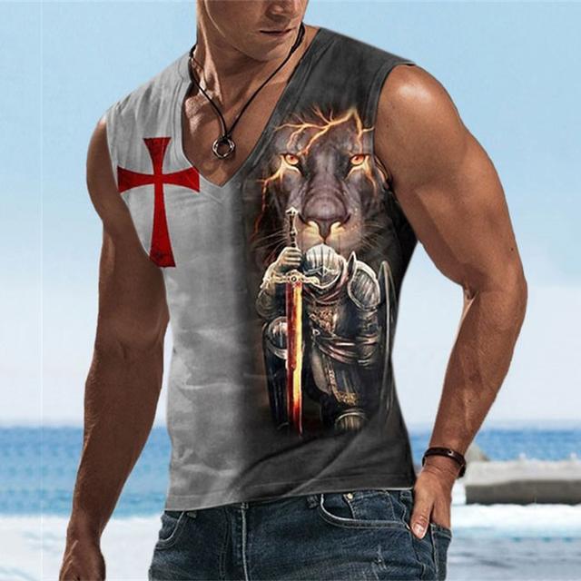 Men's Tank Top Sleeveless T Shirt for Men Lion Templar Cross Graphic Prints Cross V Neck Black+White Gray 3D Print Daily Sports Sleeveless Print Clothing Apparel Basic Classic Casual Big and Tall