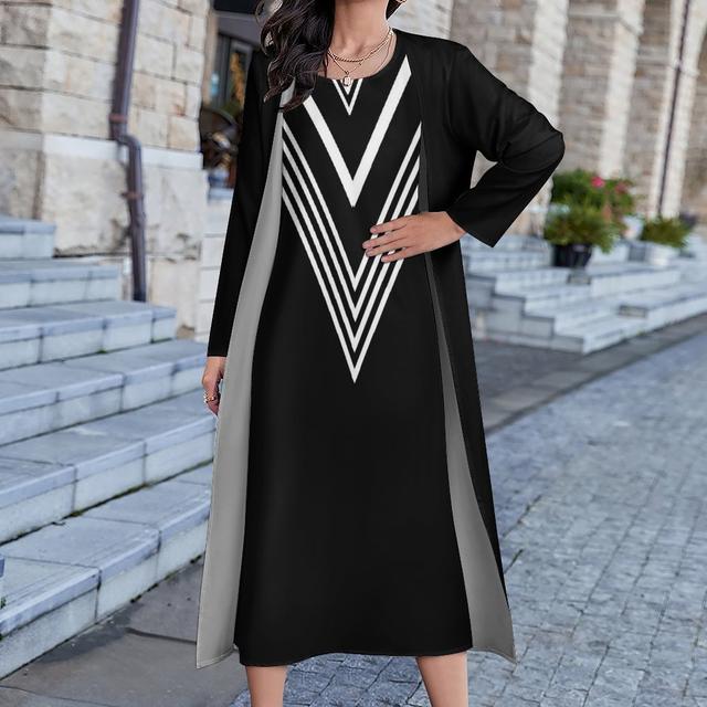 Women's Dress Set Two Piece Dress Long Dress Maxi Dress Black and white stripes Long Sleeve Color Block Print Winter Fall Crew Neck Vacation Winter Dress Weekend Fall Dress Loose Fit 2023 S M L XL