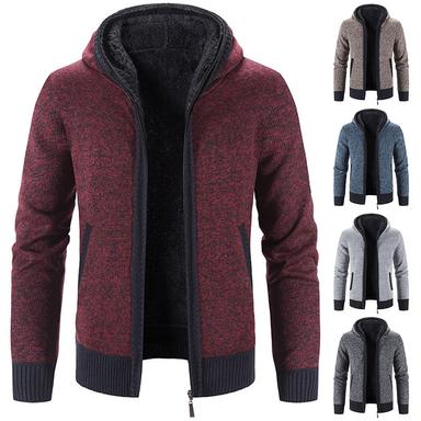 Men's Cardigan Sweater Fleece Sweater Ribbed Knit Tunic Knitted Color Block Hooded Warm Ups Modern Contemporary Daily Wear Going out Clothing Apparel Winter Fall Burgundy Light Grey M L XL