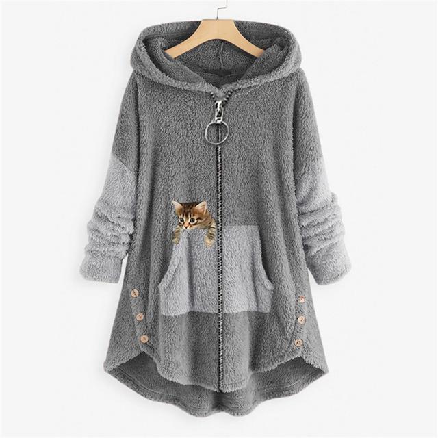 Women's Plus Size Fleece Jacket Teddy Coat Button Pocket Animal Color Block Cat Causal Vacation Long Sleeve Hooded Regular Winter Fall Black Grey Green Black L XL XXL 3XL 4XL