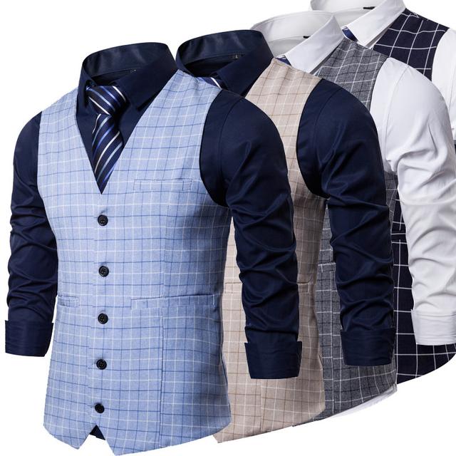 Men's Vest Waistcoat Wedding Daily Wear Going out Festival Business Basic Fall & Winter Pocket Polyester Breathable Soft Comfortable Plaid Single Breasted V Neck Regular Fit Camel ash-colored Dark