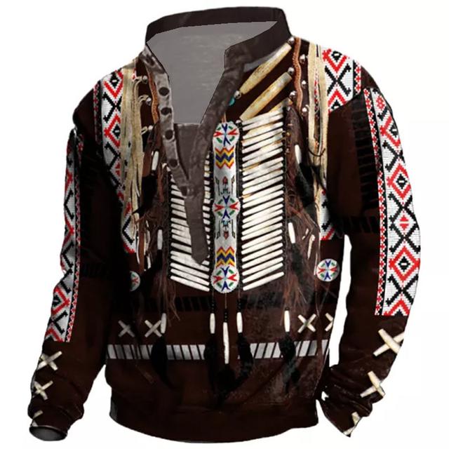 Thanksgiving Native American Jacket Mens Graphic Hoodie Sweatshirt Pullover Button Up Coffee Standing Collar Prints Casual Daily Sports 3D Boho Festival Brown Cotton