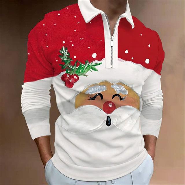 Men's Polo Shirt Golf Shirt Santa Claus Turndown Wine White+Red Red+Army Green+White Black White 3D Print Street Casual Long Sleeve Zipper Print Clothing Apparel Fashion Designer Casual Breathable