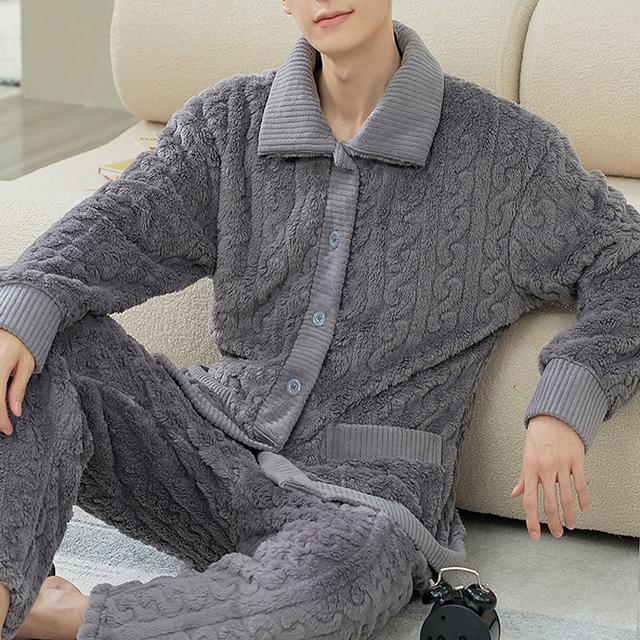 Men's Pajamas Loungewear Sets Pure Color Basic Fashion Comfort Home Coral Fleece Coral Velvet Warm Lapel Long Sleeve Pant Button Pocket Winter Fall Lake blue Wine / Plush