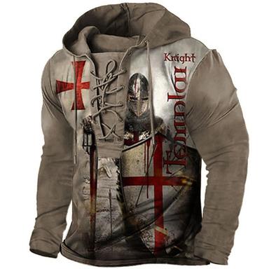 Men's Pullover Hoodie Sweatshirt Pullover Black Blue Brown Khaki Hooded Knights Templar Graphic Prints Cross Lace up Print Casual Daily Sports 3D Print Streetwear Designer Basic Spring &  Fall