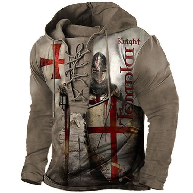 Men's Pullover Hoodie Sweatshirt Pullover Black Blue Brown Khaki Hooded Knights Templar Graphic Prints Cross Lace up Print Casual Daily Sports 3D Print Streetwear Designer Basic Spring &  Fall