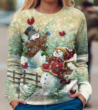 Women's Sweatshirt Pullover Christmas Sweatshirt Graphic Snowman Snowflake Christmas Casual Denim Blue Grass Green White Streetwear Christmas Round Neck Long Sleeve Top Micro-elastic Fall & Winter