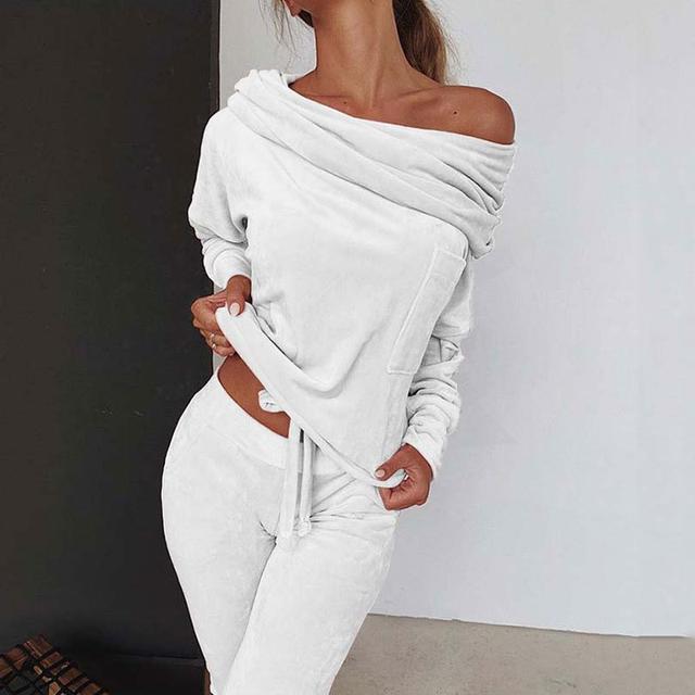 Women's Shirt Pants Sets Velvet Casual Daily Elegant Fashion Streetwear Long Sleeve Off Shoulder Black Fall & Winter